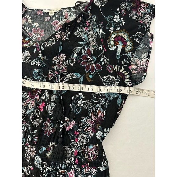 Frye & Co Y2K Floral Midi Dress Black Boho Cap Sleeve Smocked Waist Size L - Picture 5 of 7